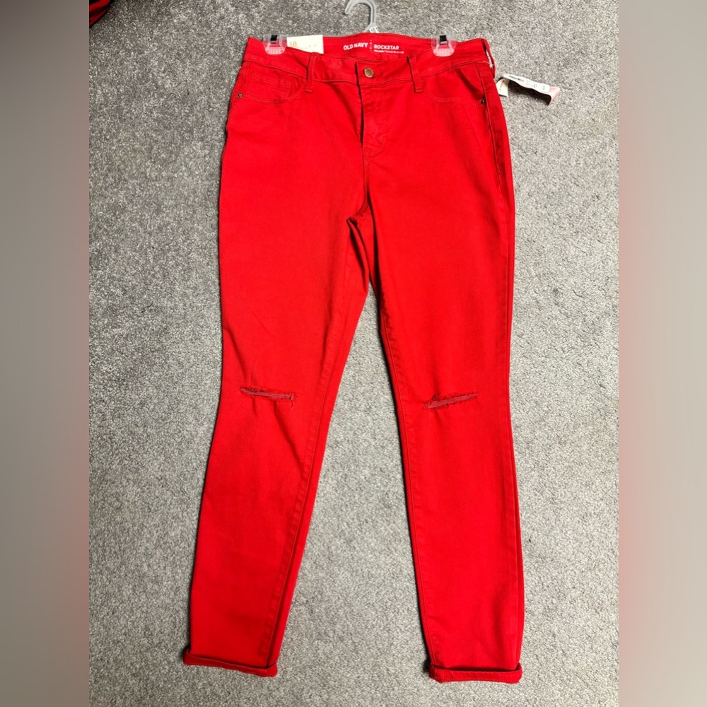 Women’s Size 10 Old Navy RED Rockstar Mid-Rise Jeans (Distressed at knees)
